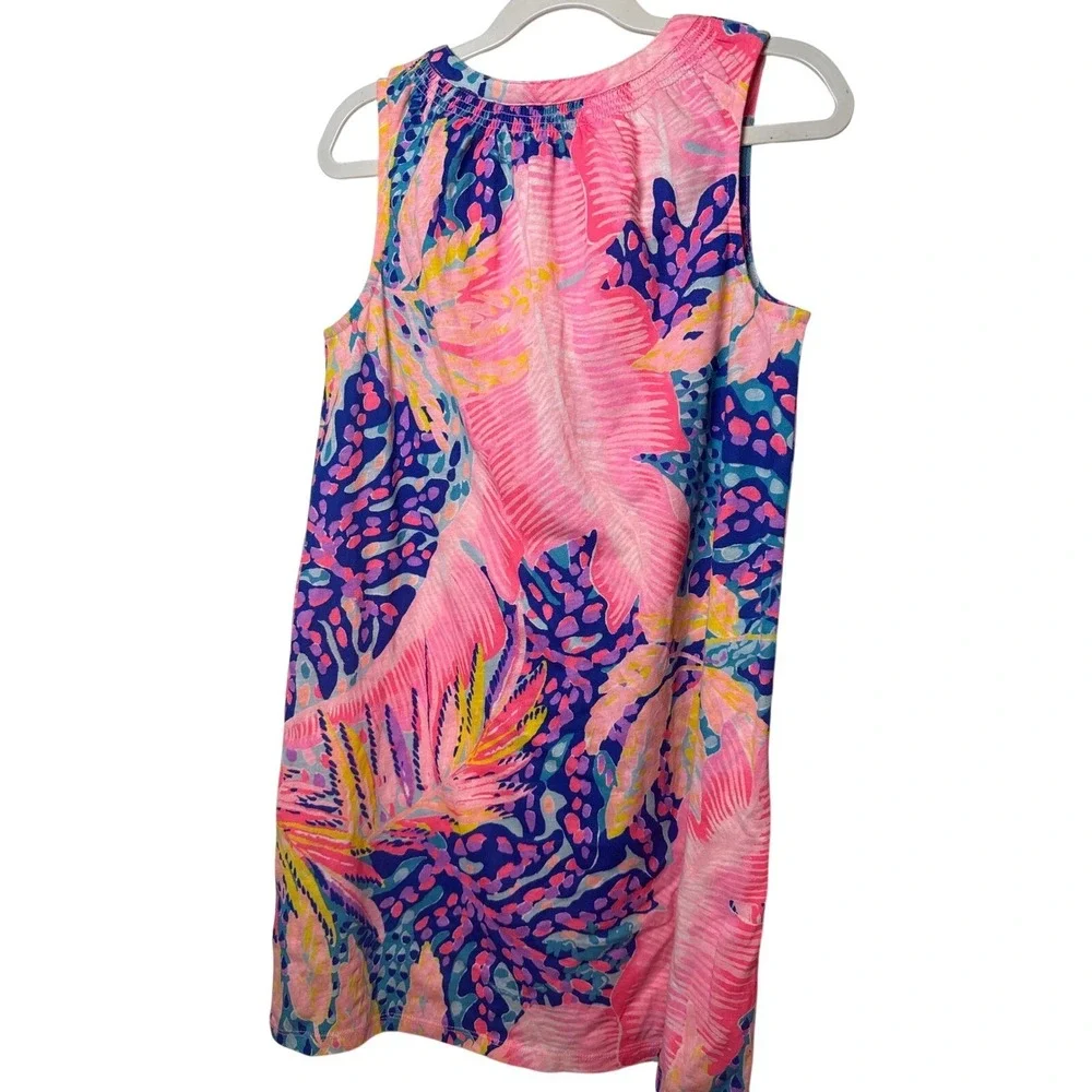 Lilly‎ Pulitzer Kids Pink Blue Tropical Palm Print Cotton Shift Dress Large 8-10